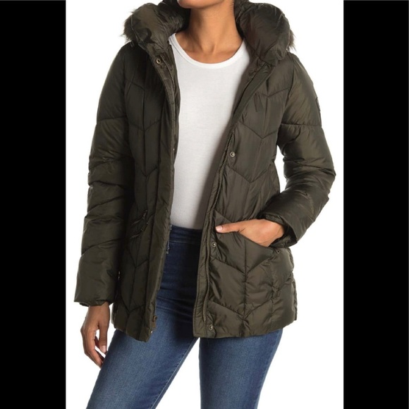 LARRY LEVINE faux hooded puffer olive green jacket/women size M - Picture 1 of 4